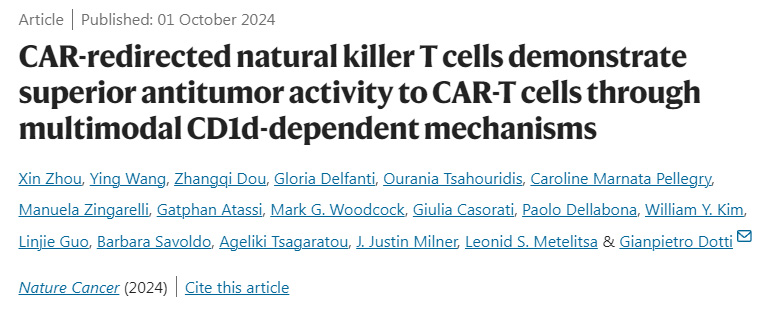CAR重定向的自然殺傷T細胞通過多模式CD1d依賴機制顯示出優(yōu)于CAR-T細胞的抗腫瘤活性
CAR重定向的自然殺傷T細胞通過多模式CD1d依賴機制顯示出優(yōu)于CAR-T細胞的抗腫瘤活性