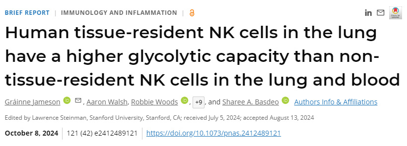 人體肺部組織駐留的NK細胞比肺部和血液中的非組織駐留NK細胞具有更高的糖酵解能力
人體肺部組織駐留的NK細胞比肺部和血液中的非組織駐留NK細胞具有更高的糖酵解能力