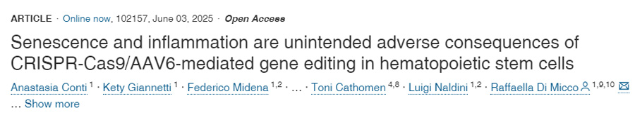 衰老與炎癥是CRISPR-Cas9/AAV6介導(dǎo)的造血干細(xì)胞基因編輯中非預(yù)期的有害后果