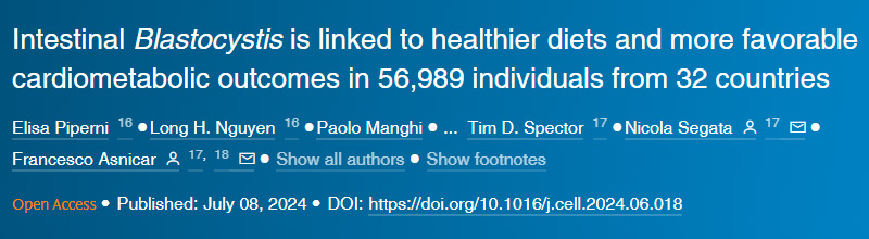 來自32個國家的56989名患者的腸道芽囊炎與更健康的飲食和更有益的心臟代謝結(jié)果有關(guān)